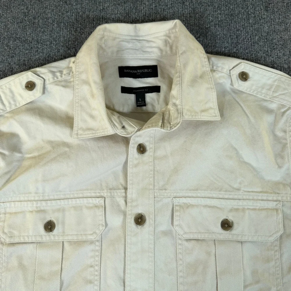 Banana Republic Mens Utility Shirt Stone White Cotton Twill Epaulets L #3948